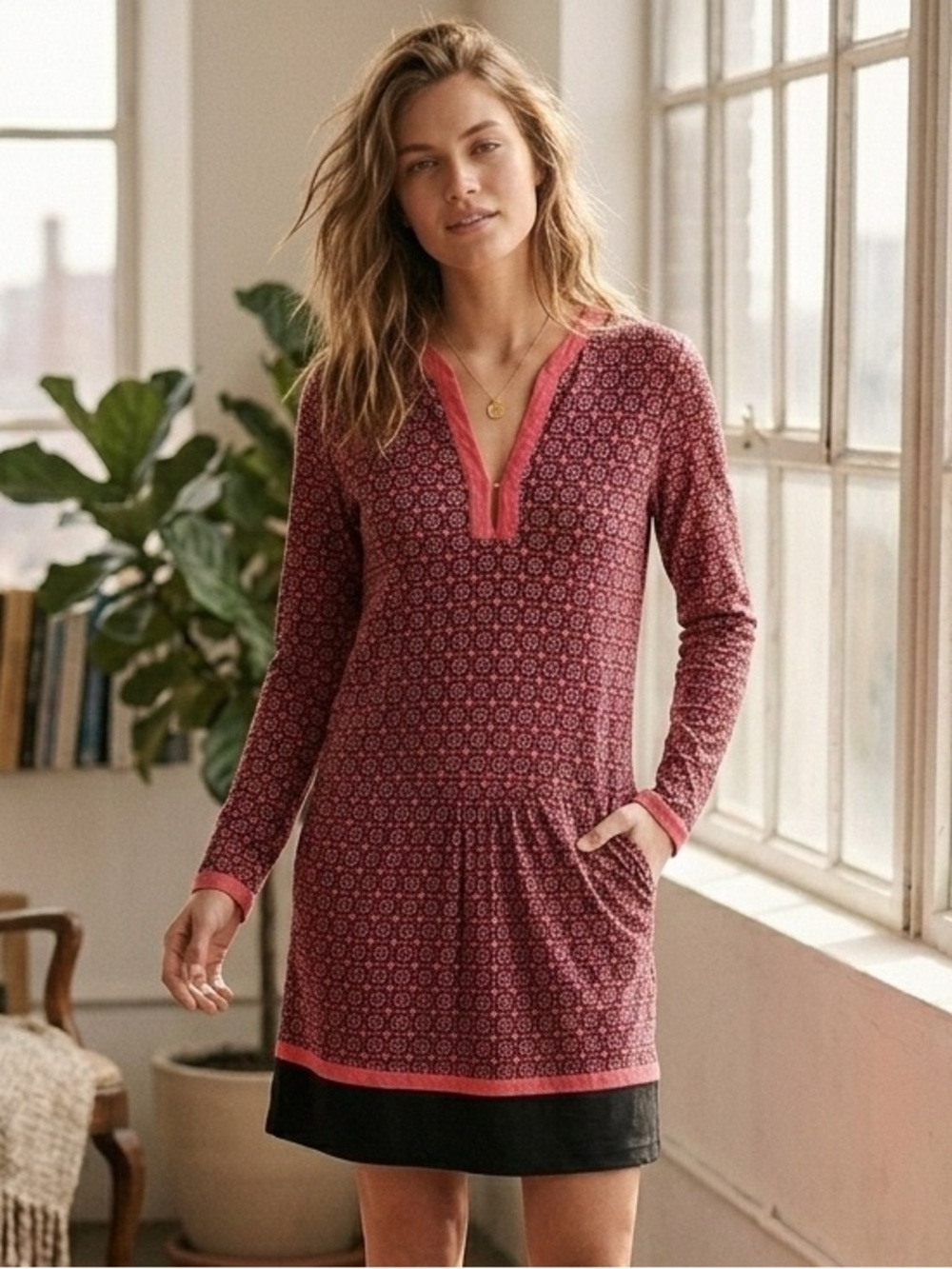 Stella Forest Geometric Print Drop-Waist Tunic Dress Red & Black Size 36 (small)